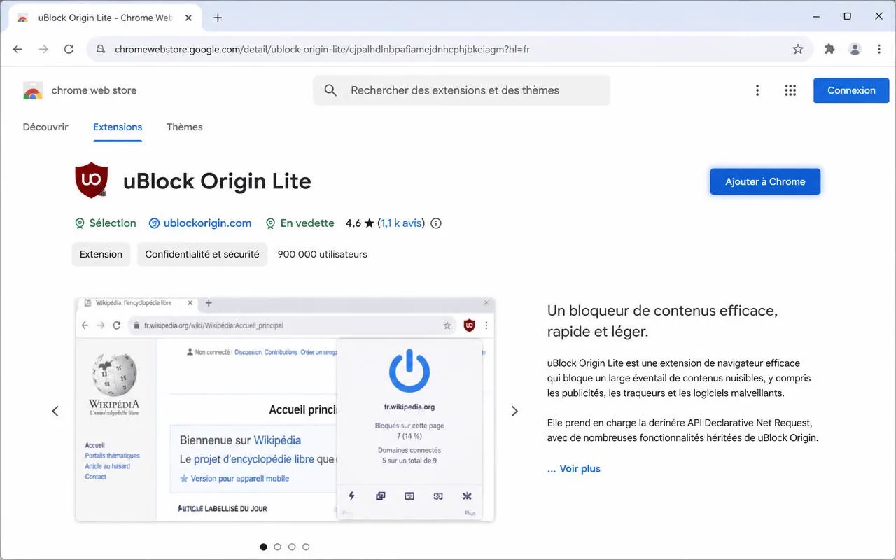 Page du Chrome Web Store avec uBlock Origin