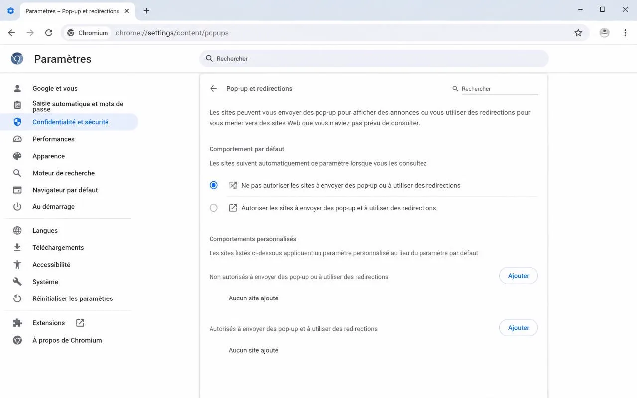 Réglage des pop-up et redirections du navigateur